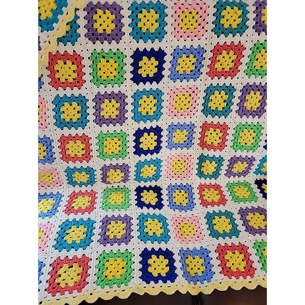 Vintage Multicolor Granny Square Afghan Throw Blanket 60